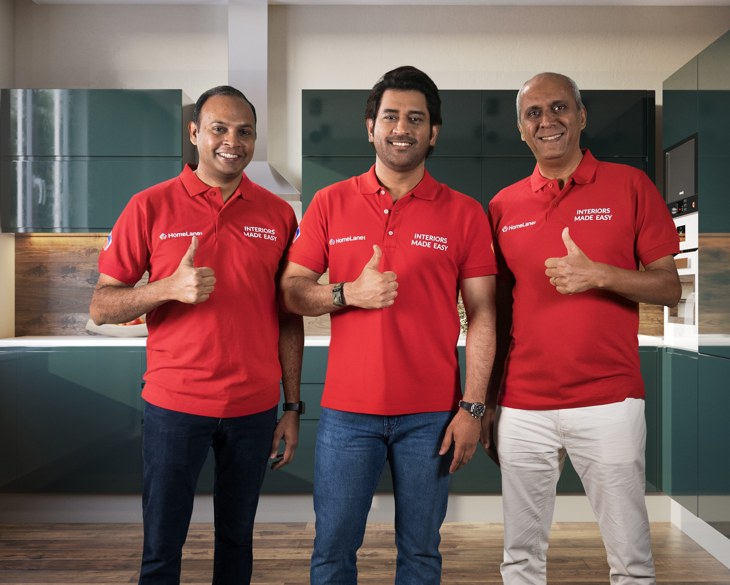 L-R - Tanuj Choudhry, Co-founder & COO and Srikanth Iyer, Co-Founder and CEO, of HomeLane with MS Dhoni